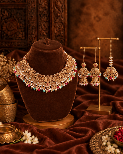 Ruby Mint Nandita Rajwada Necklace Set with Earring and Teeka