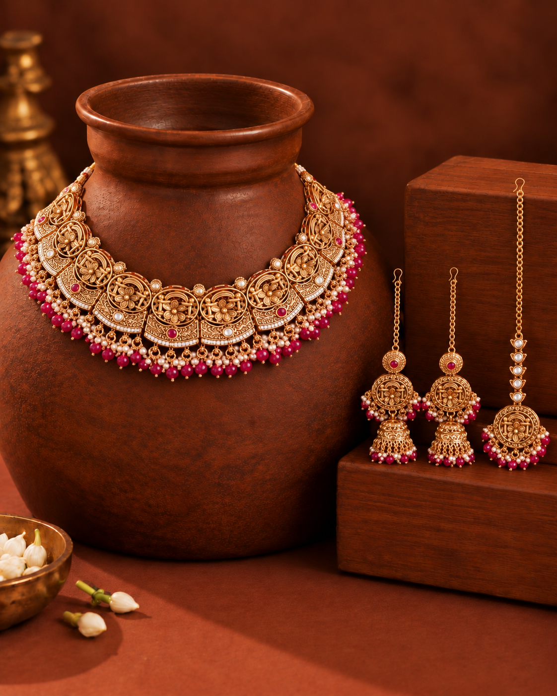 Ruby Nandita Rajwada Necklace Set with Earring and Teeka