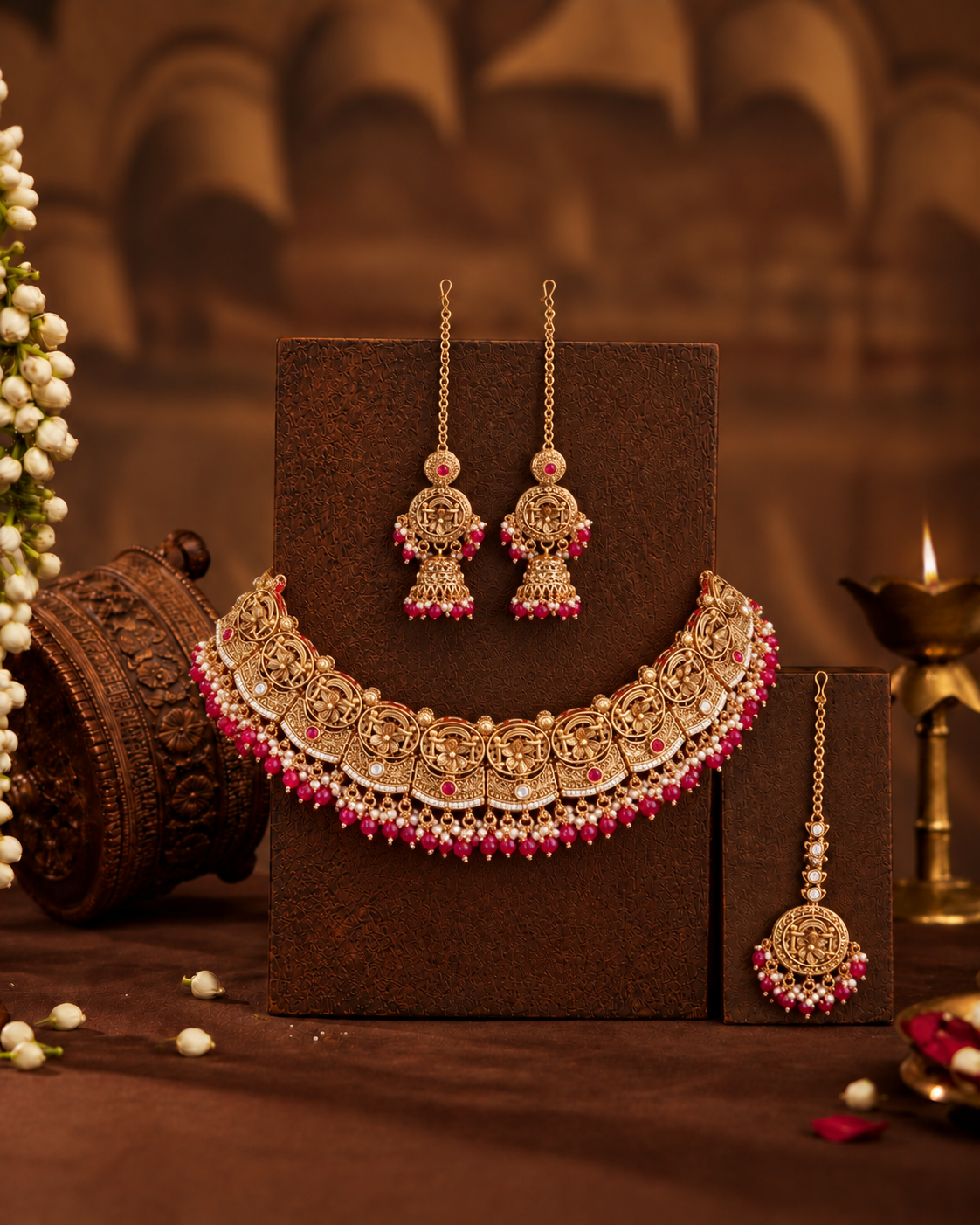 Ruby Nandita Rajwada Necklace Set with Earring and Teeka