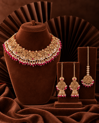 Ruby Nandita Rajwada Necklace Set with Earring and Teeka