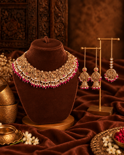 Ruby Nandita Rajwada Necklace Set with Earring and Teeka