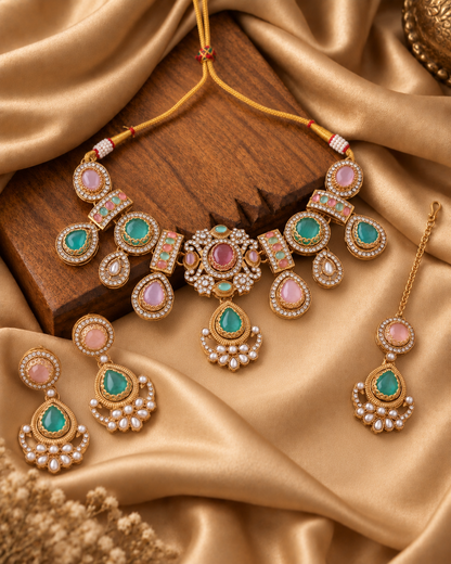 Pastel Taanika Premium Sabya Inspired Necklace Set with Earring & Teeka