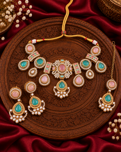 Pastel Taanika Premium Sabya Inspired Necklace Set with Earring & Teeka
