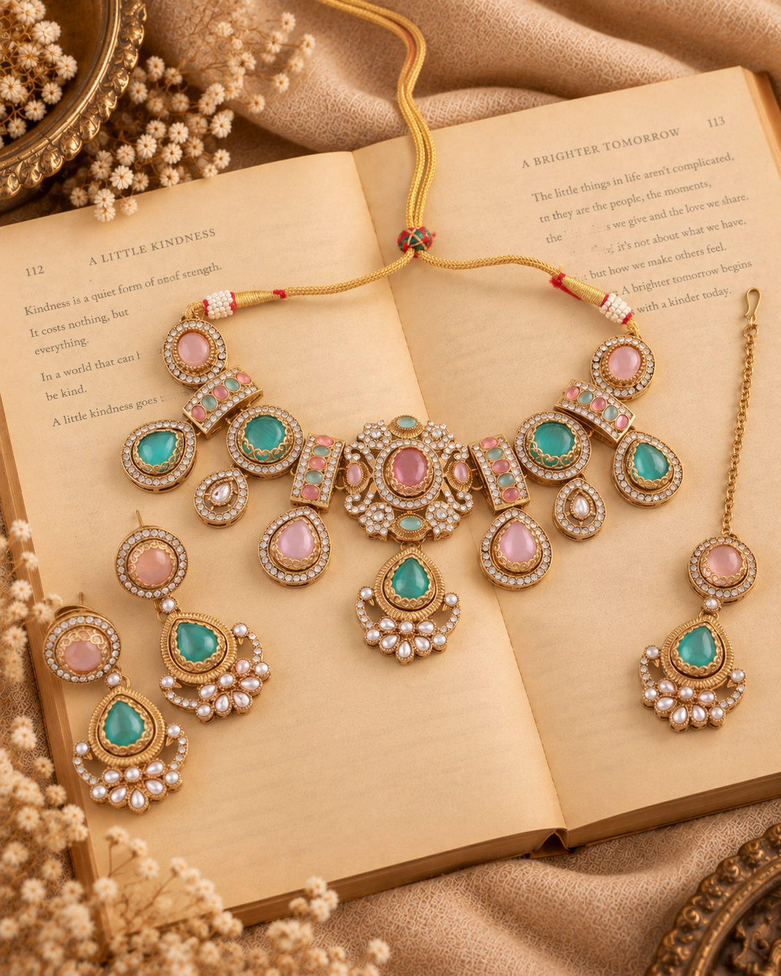 Pastel Taanika Premium Sabya Inspired Necklace Set with Earring & Teeka
