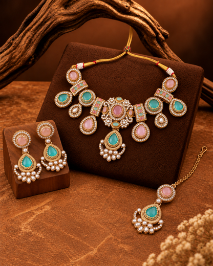 Pastel Taanika Premium Sabya Inspired Necklace Set with Earring & Teeka