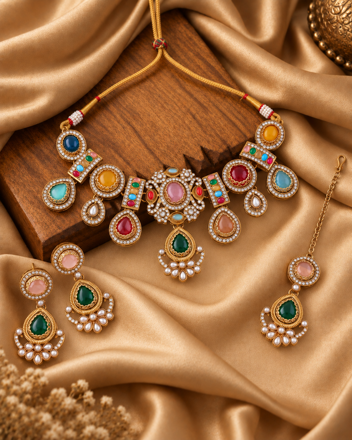 Multi Taanika Premium Sabya Inspired Necklace Set with Earring & Teeka