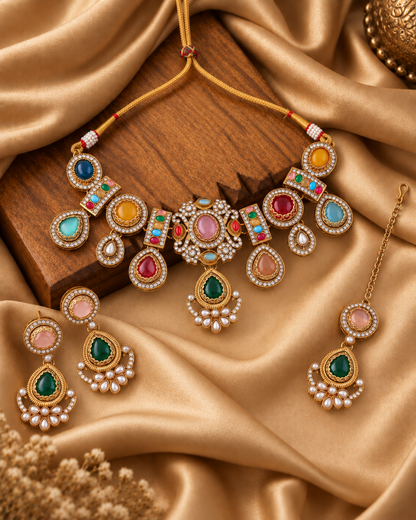 Multi Taanika Premium Sabya Inspired Necklace Set with Earring & Teeka