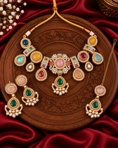 Multi Taanika Premium Sabya Inspired Necklace Set with Earring & Teeka