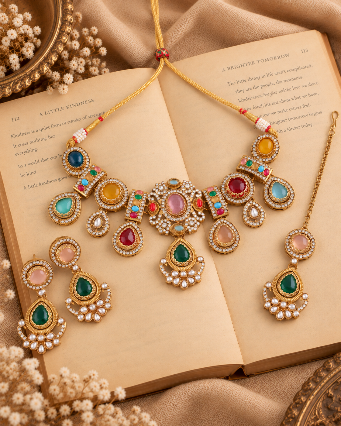 Multi Taanika Premium Sabya Inspired Necklace Set with Earring & Teeka