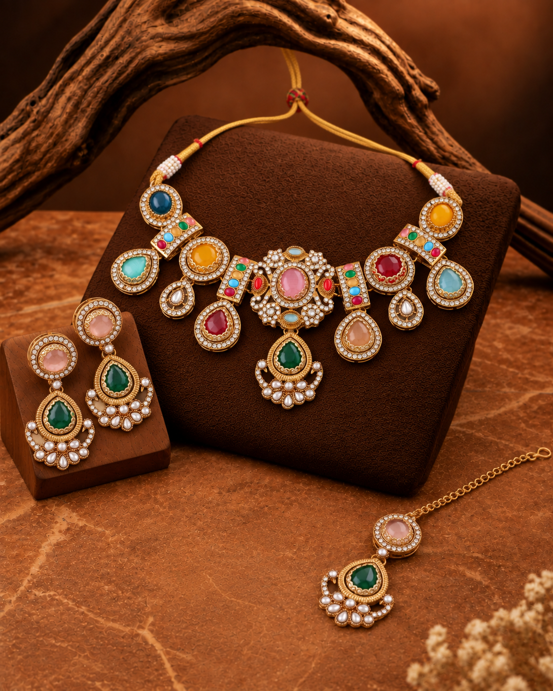 Multi Taanika Premium Sabya Inspired Necklace Set with Earring & Teeka
