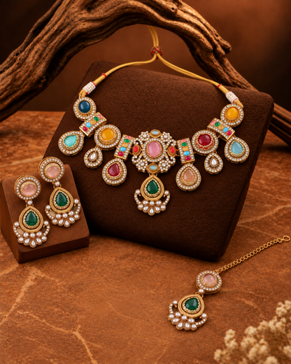 Multi Taanika Premium Sabya Inspired Necklace Set with Earring & Teeka