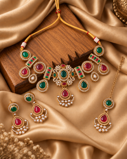 Red Green Taanika Premium Sabya Inspired Necklace Set with Earring & Teeka