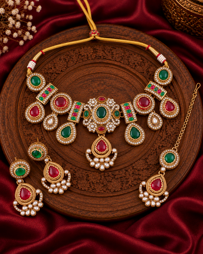 Red Green Taanika Premium Sabya Inspired Necklace Set with Earring & Teeka