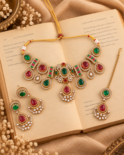Red Green Taanika Premium Sabya Inspired Necklace Set with Earring & Teeka