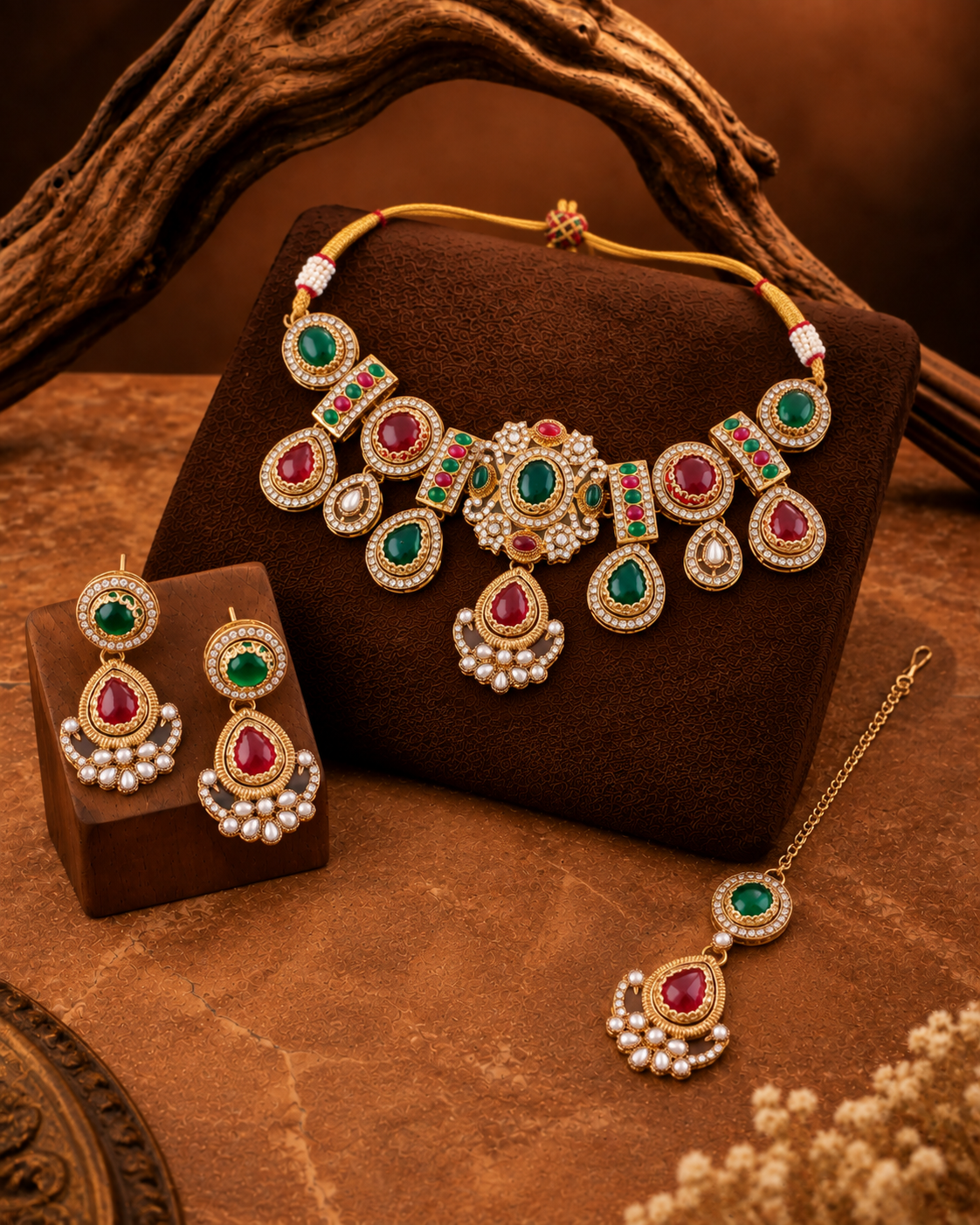 Red Green Taanika Premium Sabya Inspired Necklace Set with Earring & Teeka