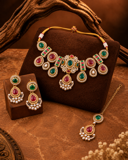 Red Green Taanika Premium Sabya Inspired Necklace Set with Earring & Teeka