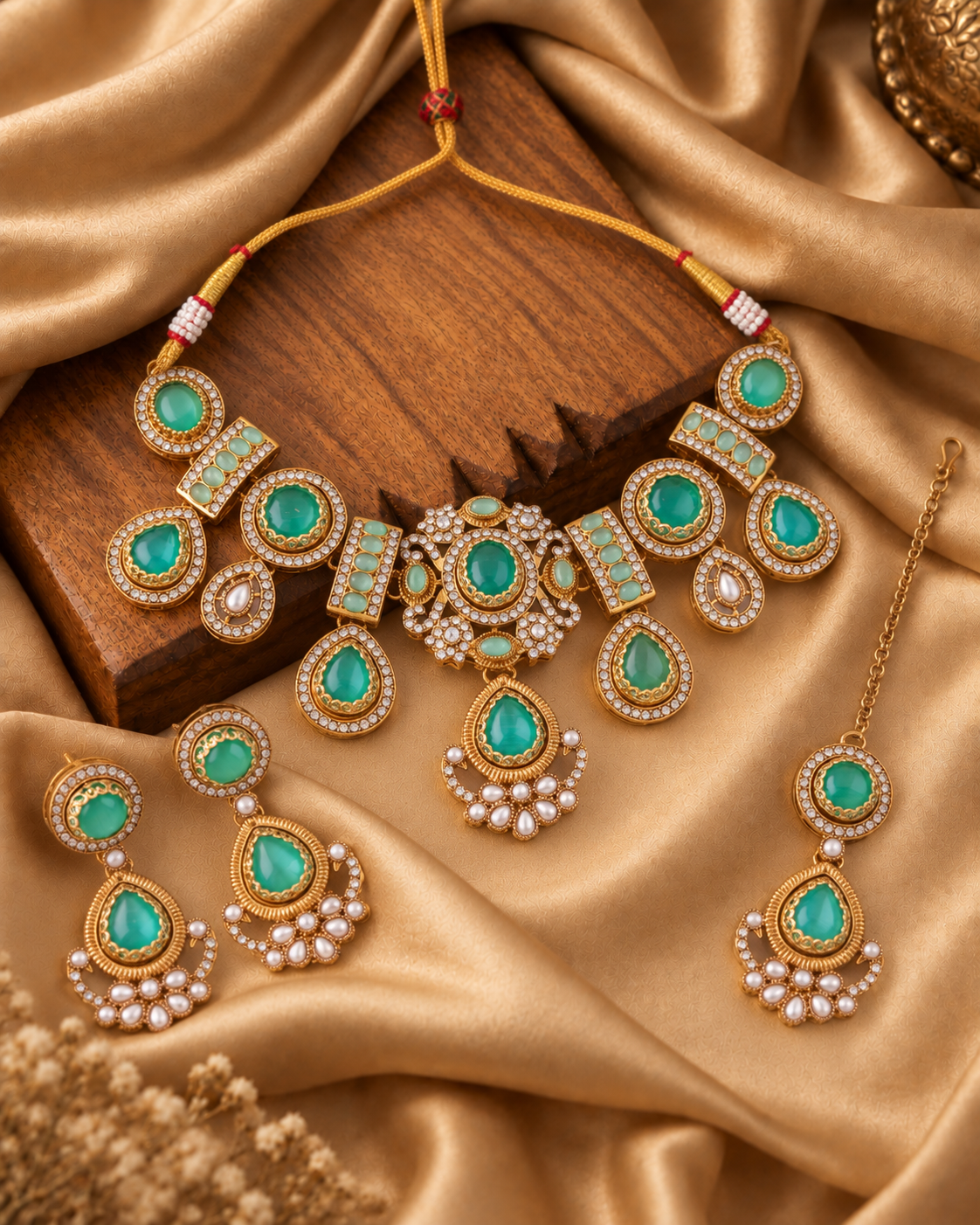 Mint Taanika Premium Sabya Inspired Necklace Set with Earring & Teeka