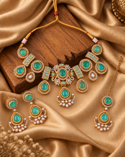 Mint Taanika Premium Sabya Inspired Necklace Set with Earring & Teeka