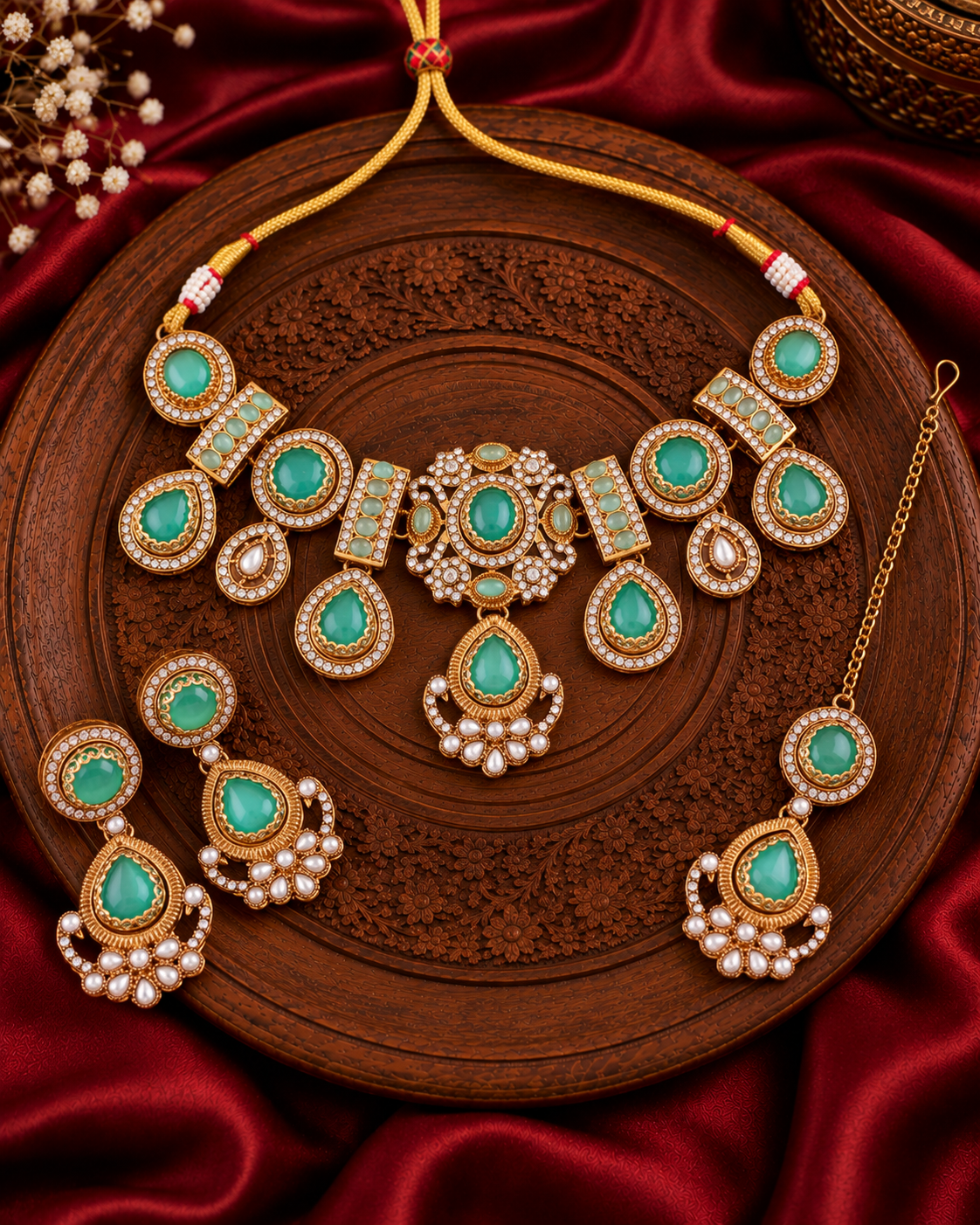 Mint Taanika Premium Sabya Inspired Necklace Set with Earring & Teeka
