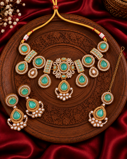 Mint Taanika Premium Sabya Inspired Necklace Set with Earring & Teeka