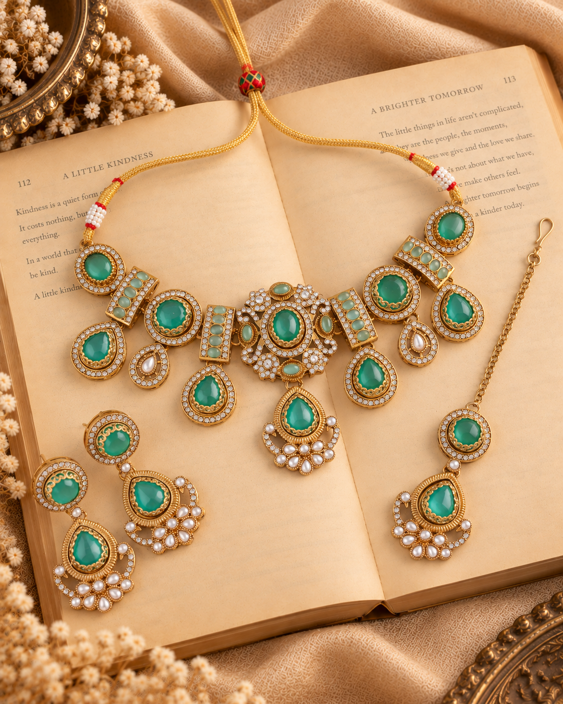Mint Taanika Premium Sabya Inspired Necklace Set with Earring & Teeka