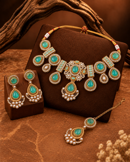 Mint Taanika Premium Sabya Inspired Necklace Set with Earring & Teeka
