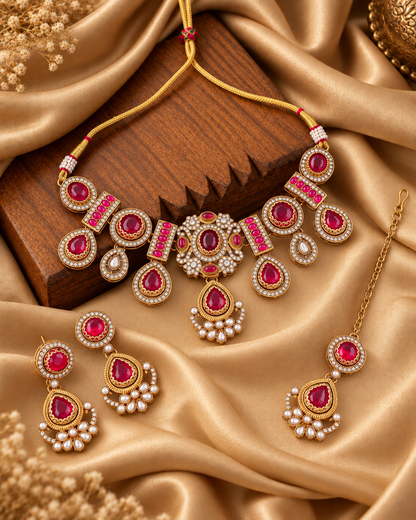 Ruby Taanika Premium Sabya Inspired Necklace Set with Earring & Teeka