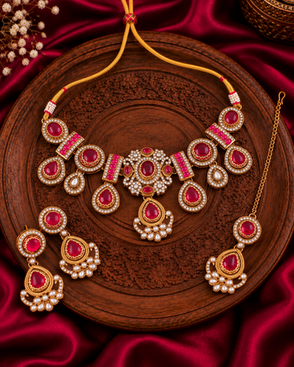 Ruby Taanika Premium Sabya Inspired Necklace Set with Earring & Teeka