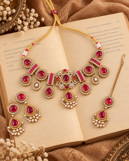 Ruby Taanika Premium Sabya Inspired Necklace Set with Earring & Teeka