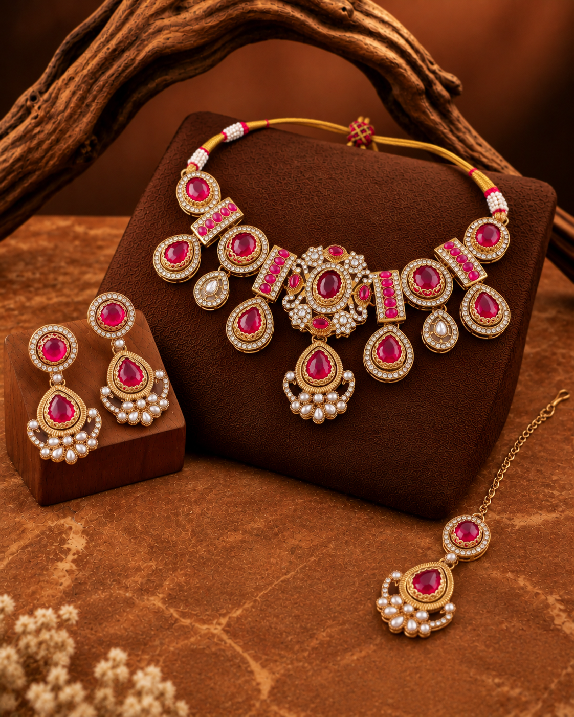 Ruby Taanika Premium Sabya Inspired Necklace Set with Earring & Teeka