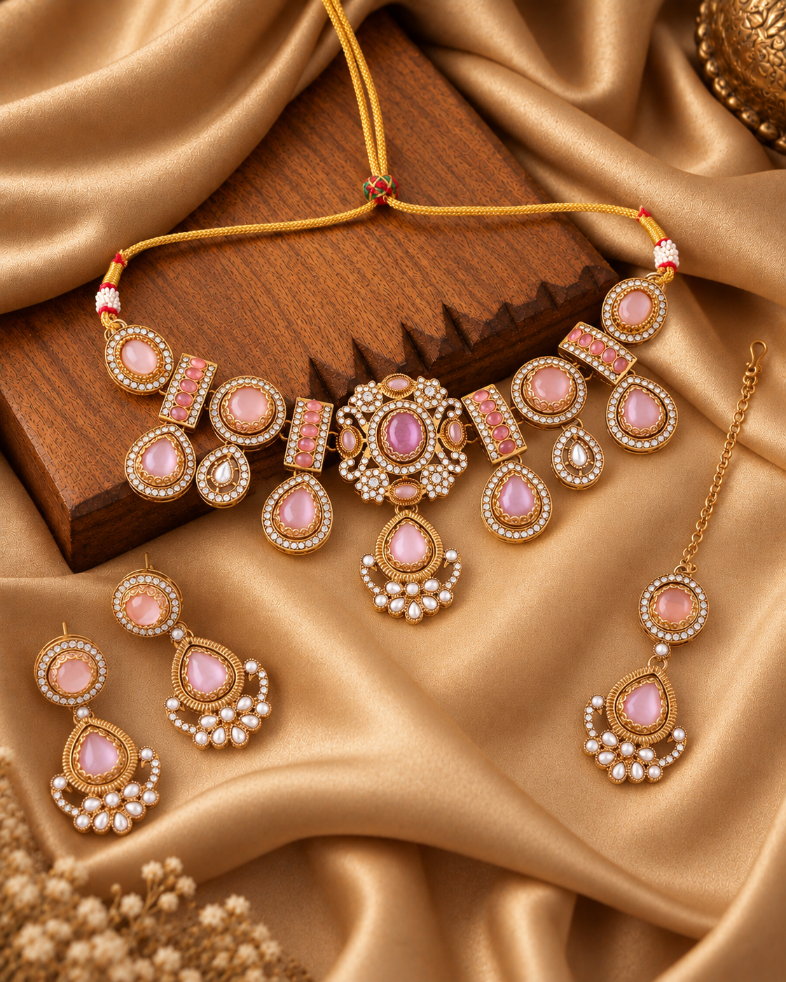 Blush Taanika Premium Sabya Inspired Necklace Set with Earring & Teeka
