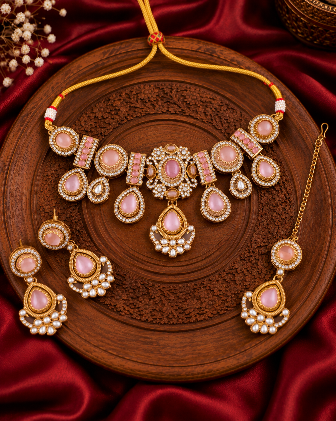 Blush Taanika Premium Sabya Inspired Necklace Set with Earring & Teeka