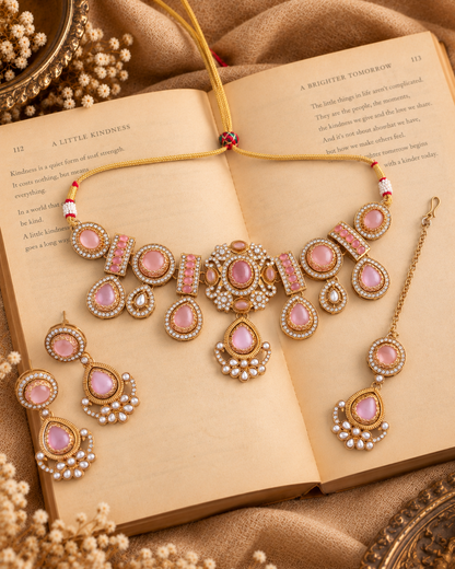 Blush Taanika Premium Sabya Inspired Necklace Set with Earring & Teeka