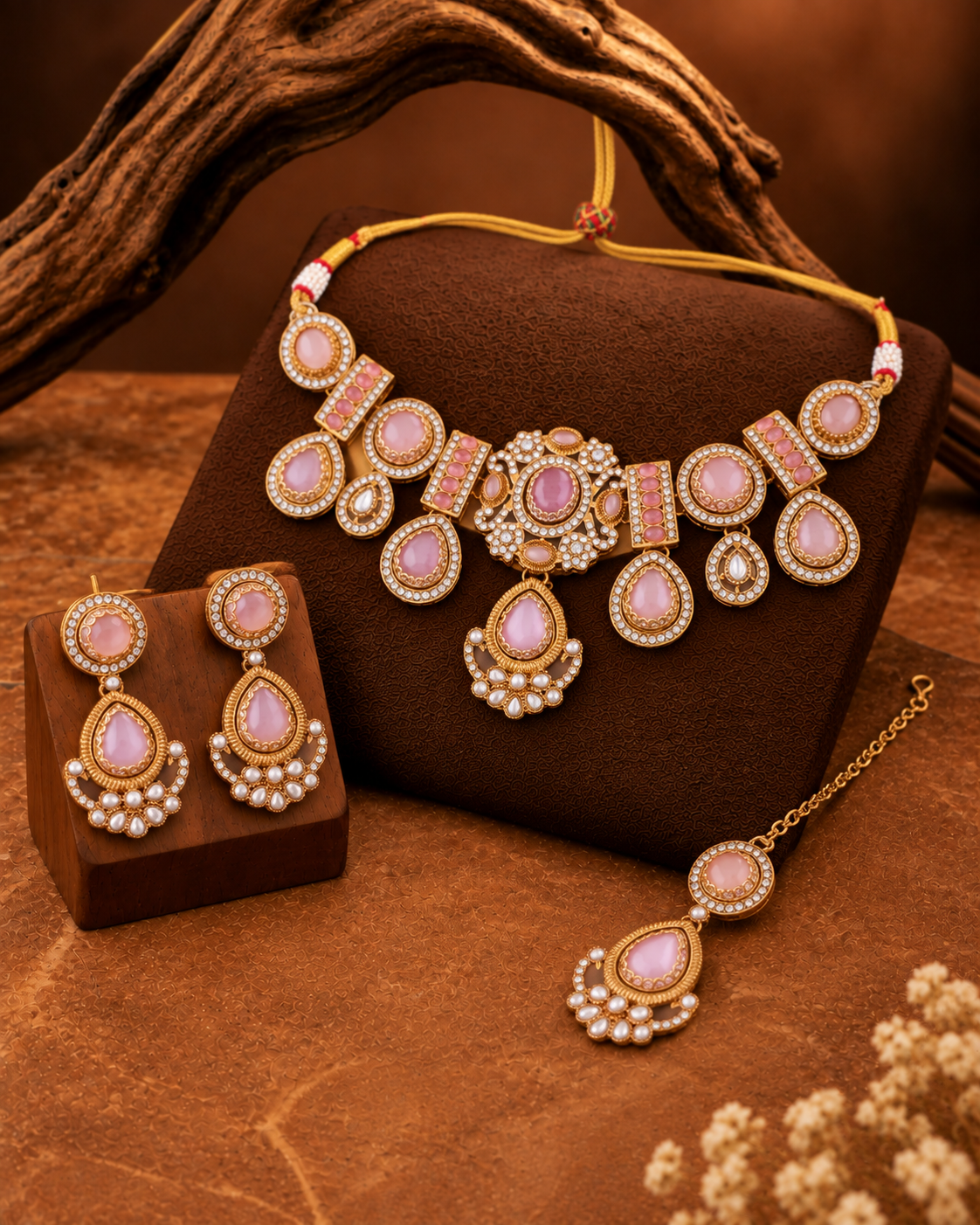 Blush Taanika Premium Sabya Inspired Necklace Set with Earring & Teeka
