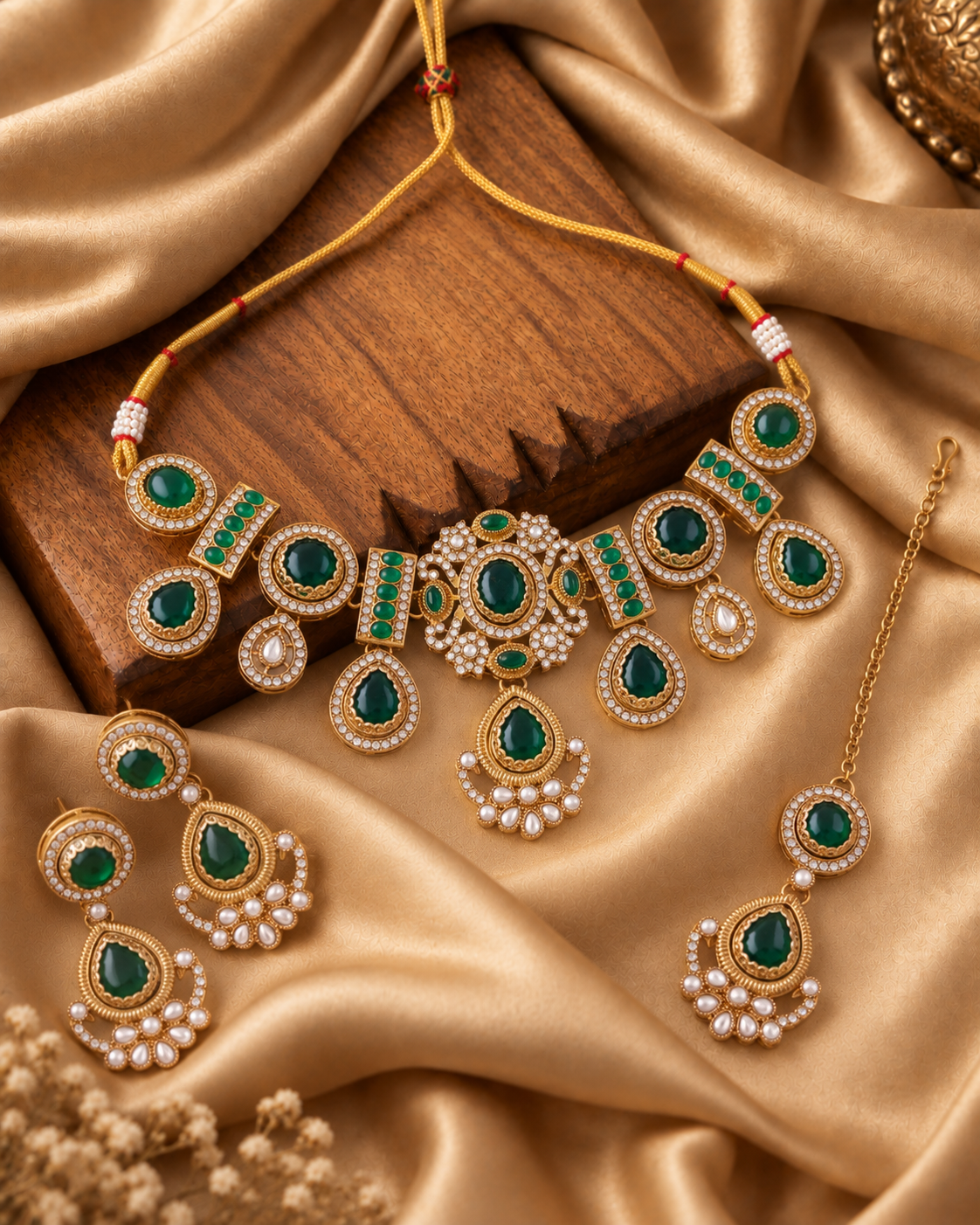 Emerald Taanika Premium Sabya Inspired Necklace Set with Earring & Teeka