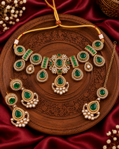 Emerald Taanika Premium Sabya Inspired Necklace Set with Earring & Teeka