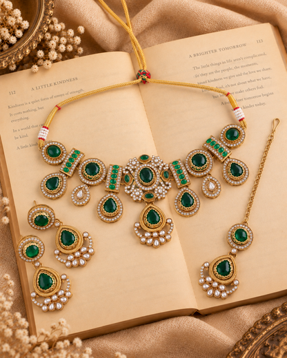 Emerald Taanika Premium Sabya Inspired Necklace Set with Earring & Teeka