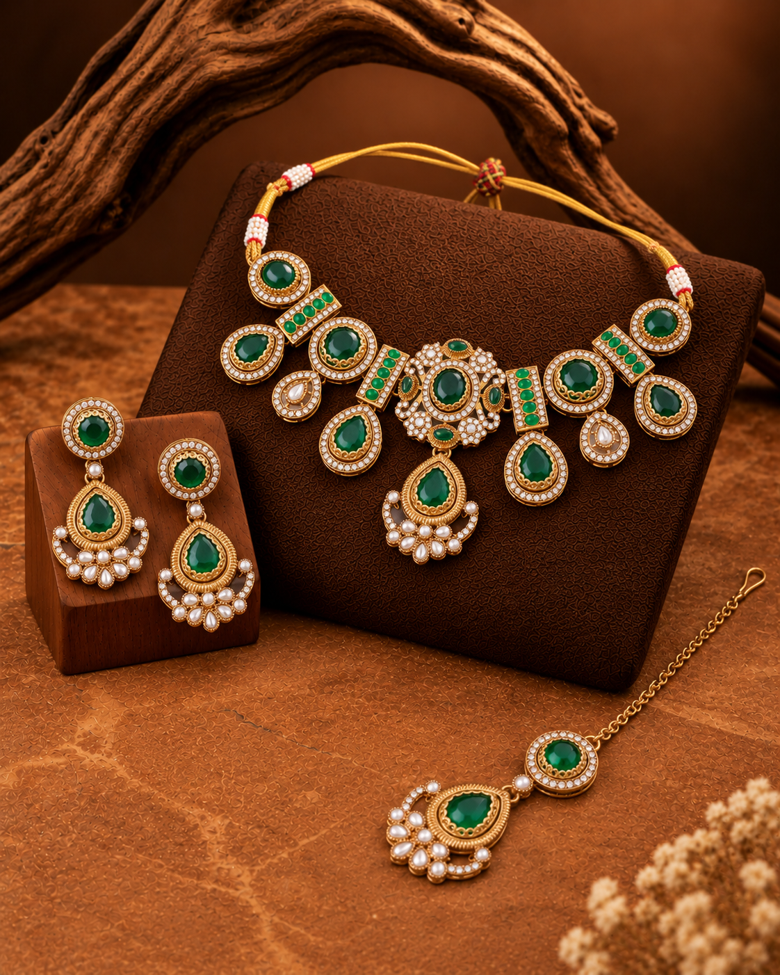 Emerald Taanika Premium Sabya Inspired Necklace Set with Earring & Teeka