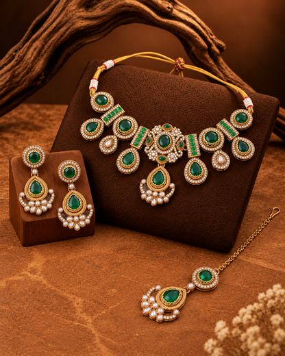 Emerald Taanika Premium Sabya Inspired Necklace Set with Earring & Teeka