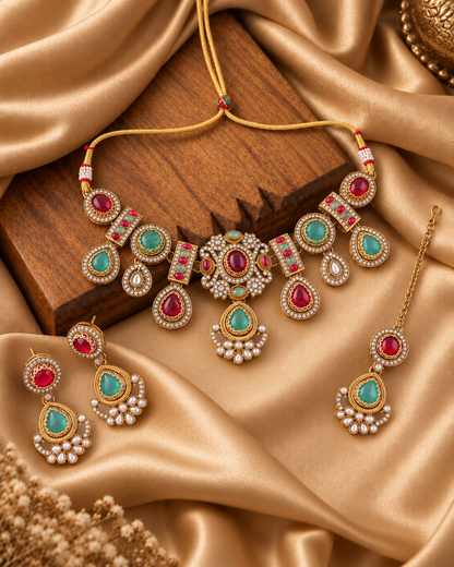 Ruby Mint Taanika Premium Sabya Inspired Necklace Set with Earring & Teeka