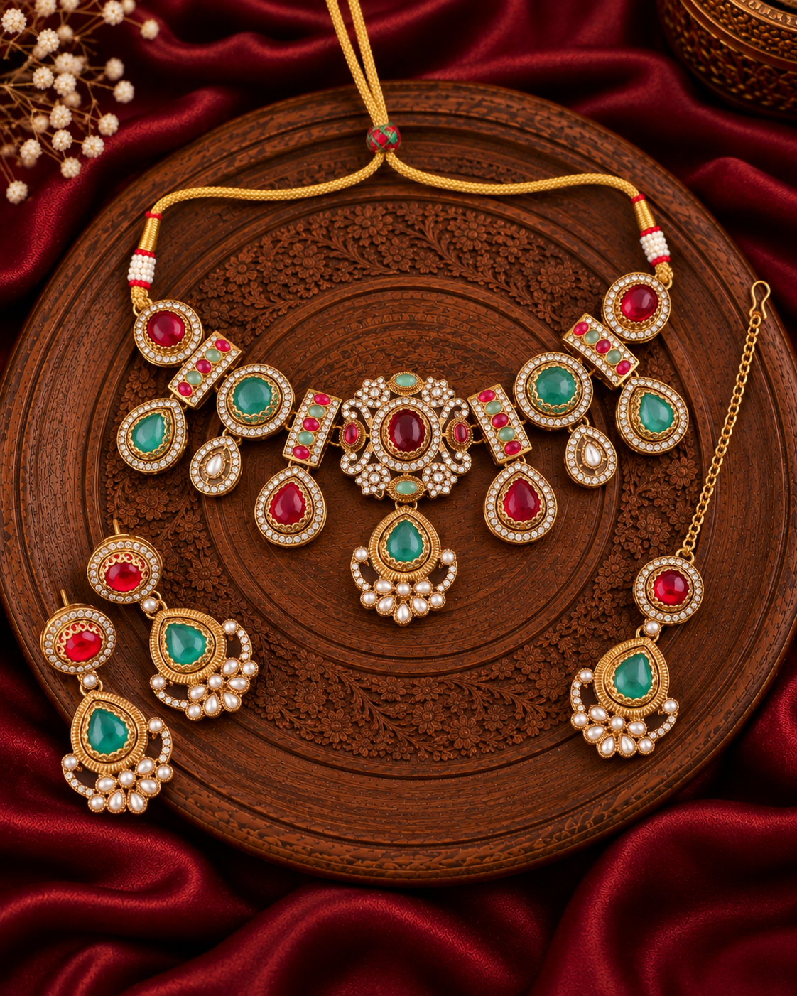 Ruby Mint Taanika Premium Sabya Inspired Necklace Set with Earring & Teeka