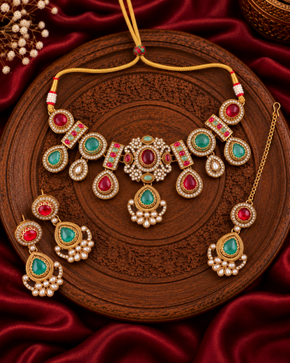 Ruby Mint Taanika Premium Sabya Inspired Necklace Set with Earring & Teeka