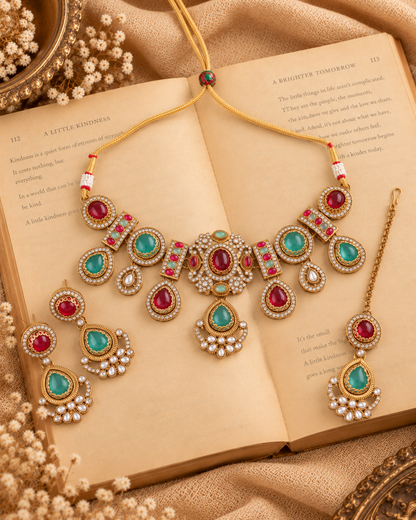 Ruby Mint Taanika Premium Sabya Inspired Necklace Set with Earring & Teeka