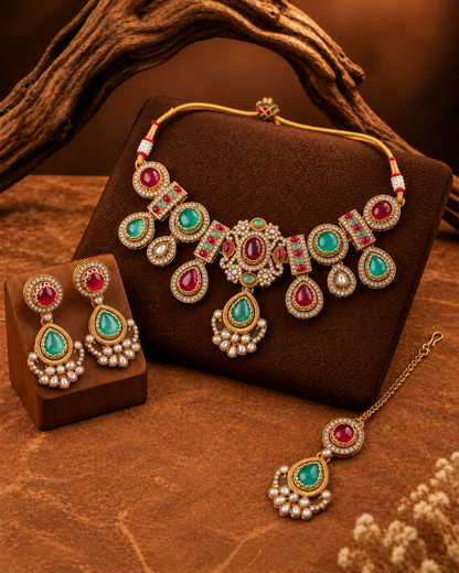 Ruby Mint Taanika Premium Sabya Inspired Necklace Set with Earring & Teeka