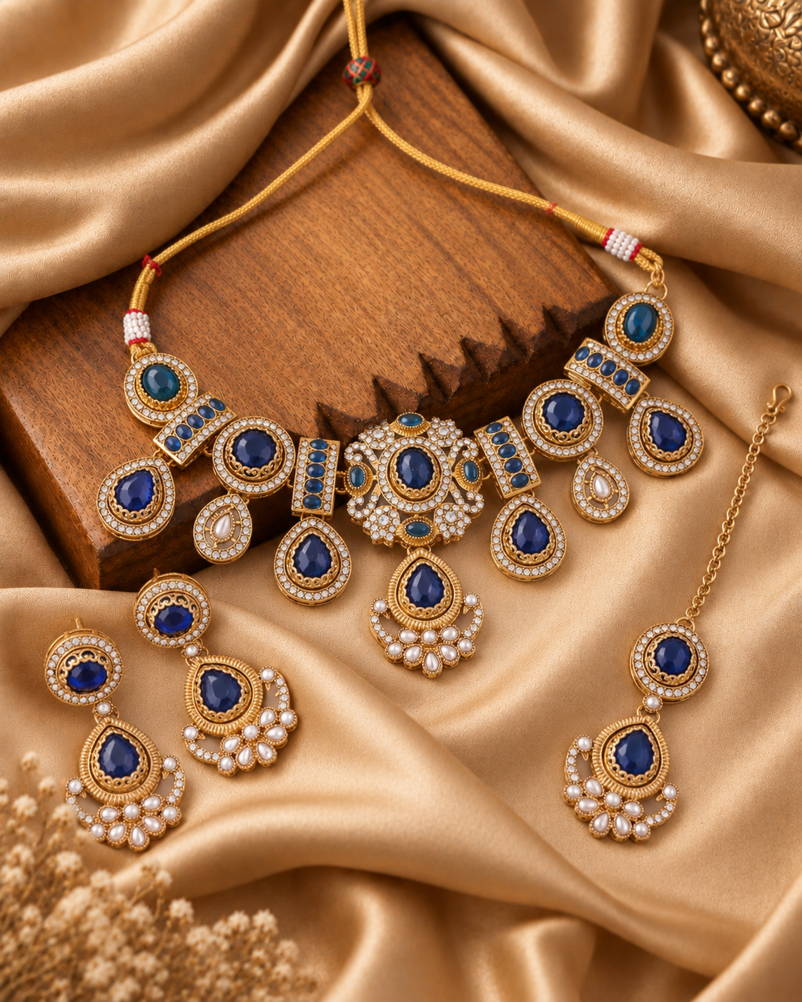 Blue Taanika Premium Sabya Inspired Necklace Set with Earring & Teeka