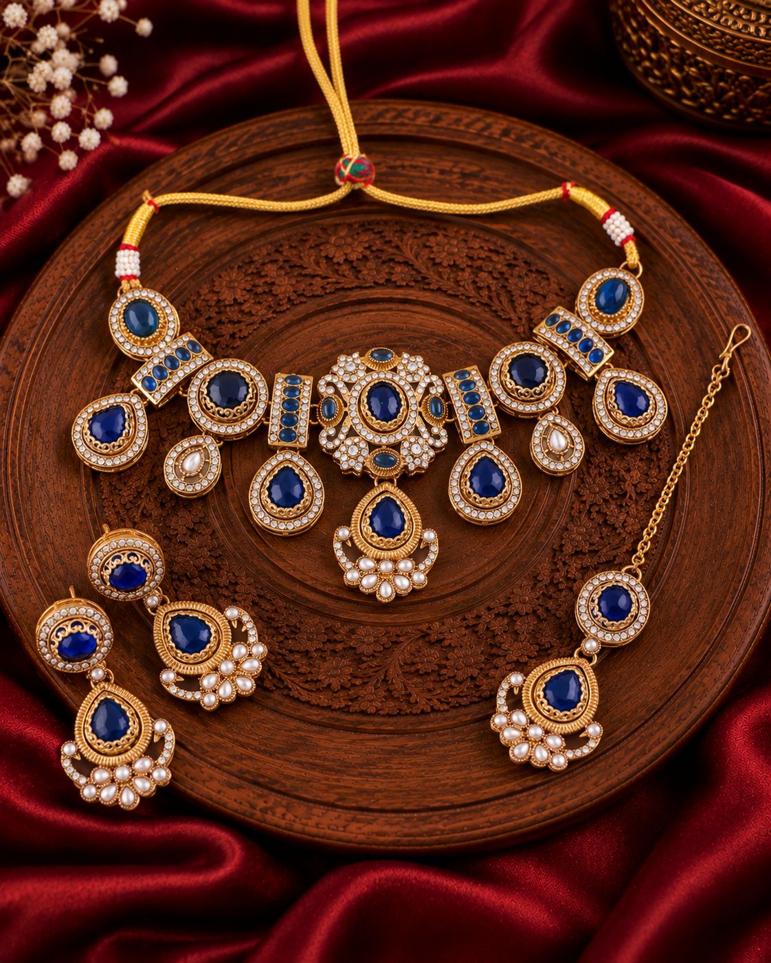 Blue Taanika Premium Sabya Inspired Necklace Set with Earring & Teeka