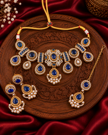 Blue Taanika Premium Sabya Inspired Necklace Set with Earring & Teeka