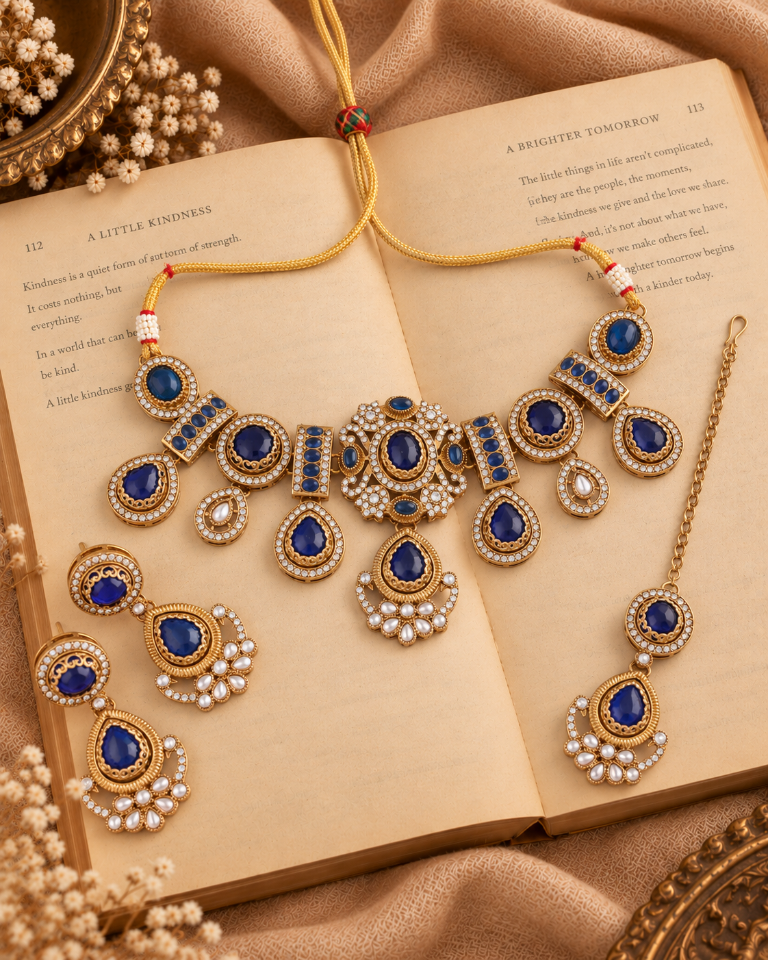 Blue Taanika Premium Sabya Inspired Necklace Set with Earring & Teeka