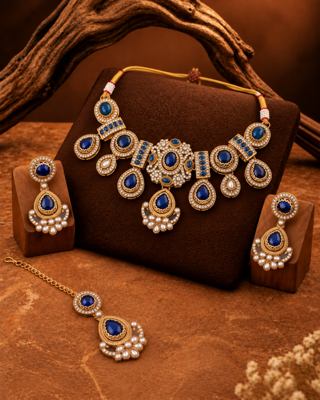 Blue Taanika Premium Sabya Inspired Necklace Set with Earring & Teeka