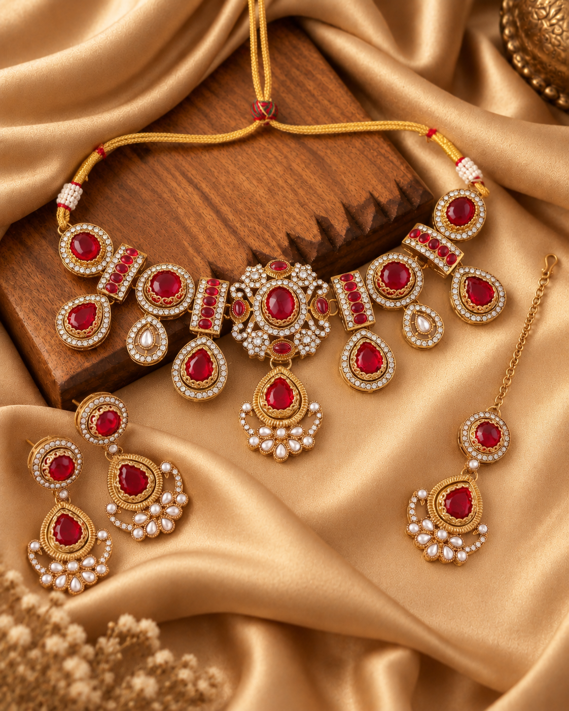 Red Taanika Premium Sabya Inspired Necklace Set with Earring & Teeka